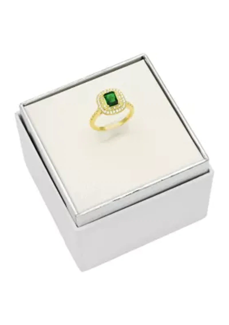 Lab Grown Gold Tone Emerald Crystal with Pavé Cubic Zirconia Double Halo Ring