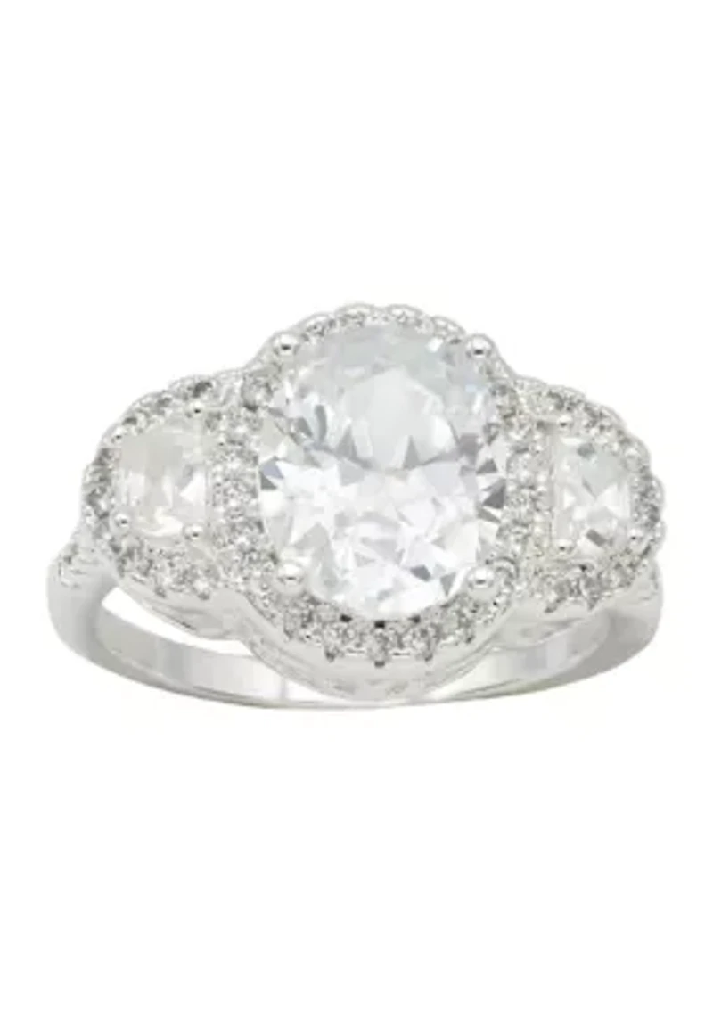 Lab Grown Silver Tone Three Stone Cubic Zirconia Oval with Pavé Halo Ring
