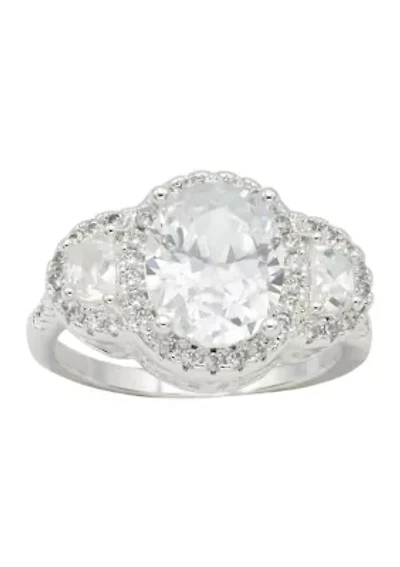 Lab Grown Silver Tone Three Stone Cubic Zirconia Oval with Pavé Halo Ring
