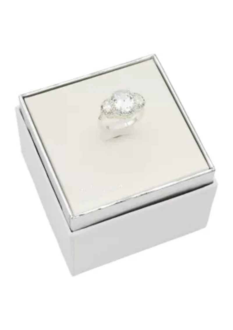 Lab Grown Silver Tone Three Stone Cubic Zirconia Oval with Pavé Halo Ring