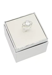Lab Grown Silver Tone Three Stone Cubic Zirconia Oval with Pavé Halo Ring