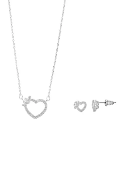 Lab Grown Silver Tone Clear CZ Open Pave Heart Necklace and Earring Set