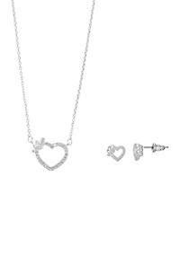 Lab Grown Silver Tone Clear CZ Open Pave Heart Necklace and Earring Set