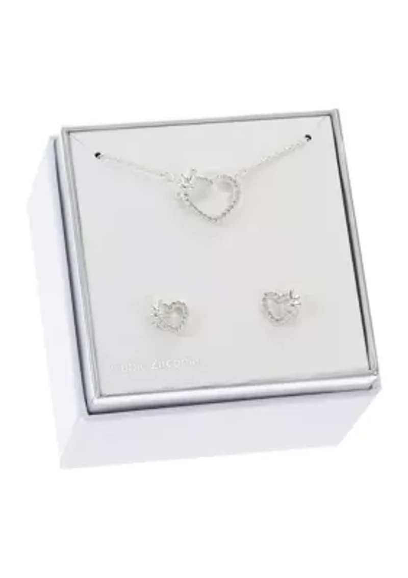 Lab Grown Silver Tone Clear CZ Open Pave Heart Necklace and Earring Set