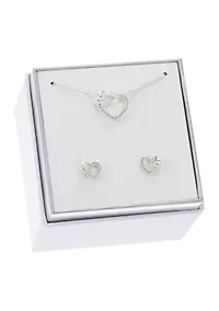 Lab Grown Silver Tone Clear CZ Open Pave Heart Necklace and Earring Set
