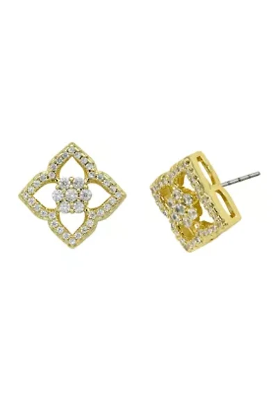 Lab Grown Gold Tone Round Cubic Zirconia and Open Scallop Stud Earrings