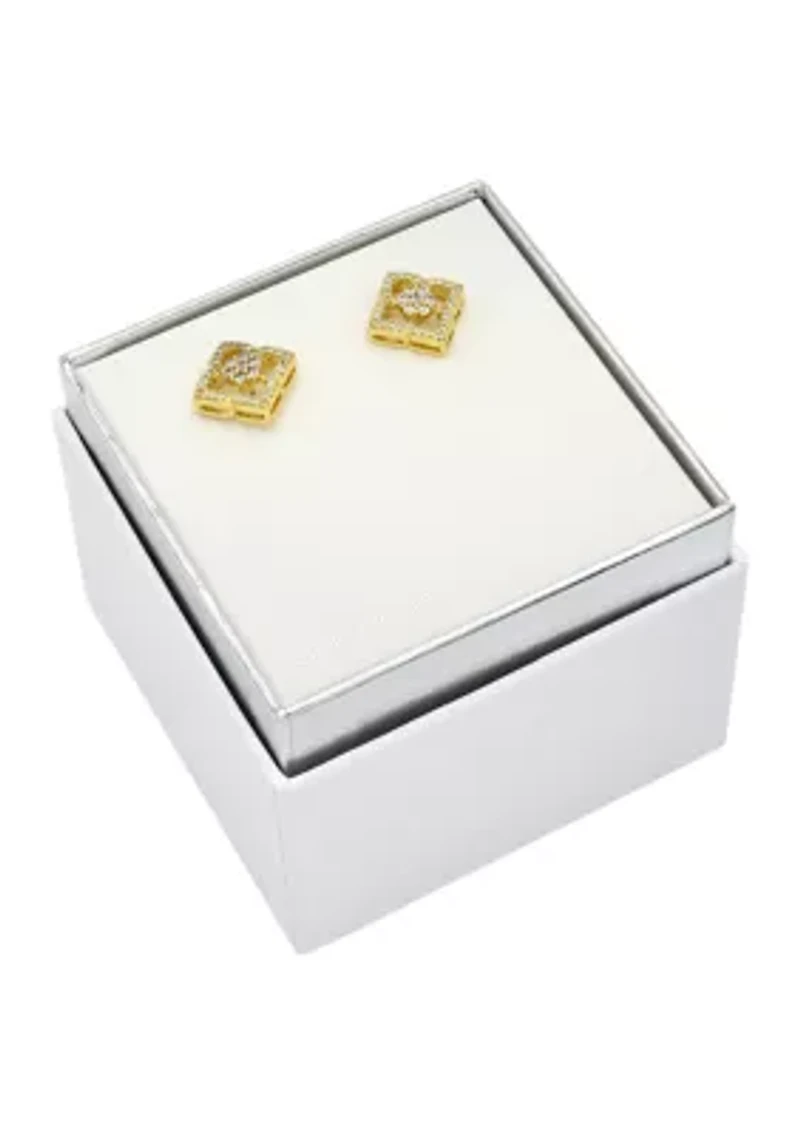Lab Grown Gold Tone Round Cubic Zirconia and Open Scallop Stud Earrings