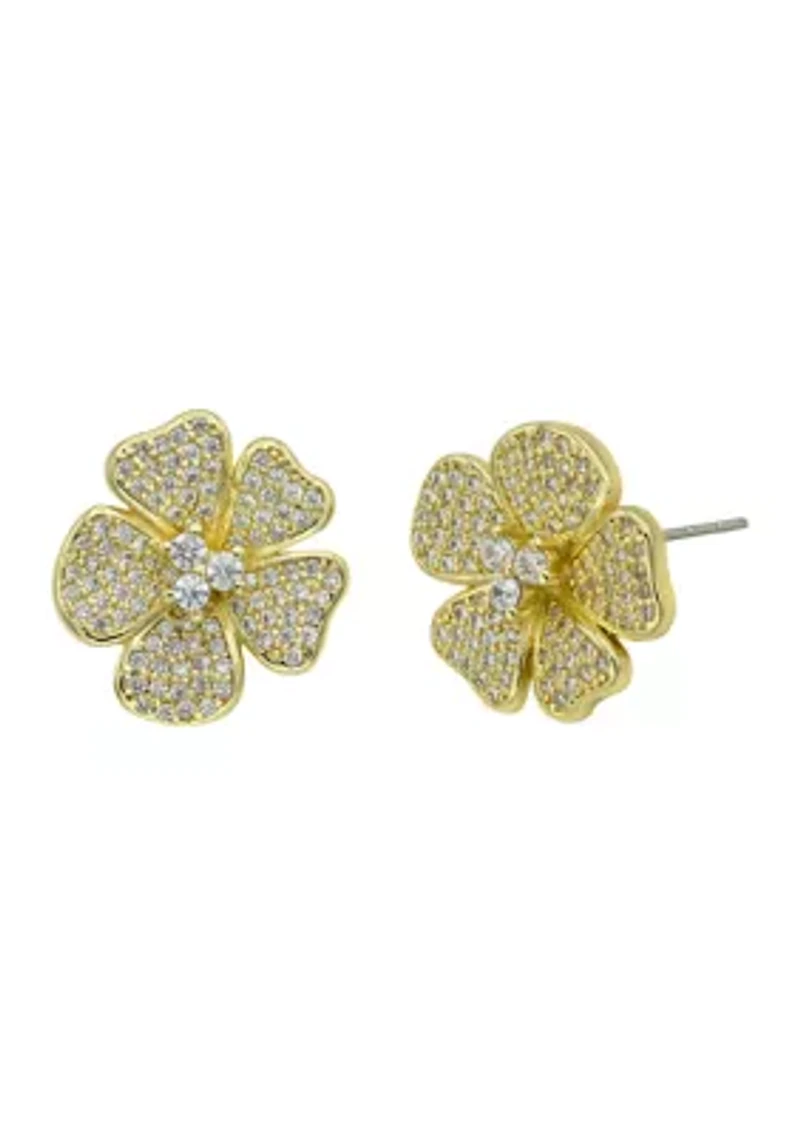 Lab Grown Gold Tone Pavé Cubic Zirconia Flower Earrings