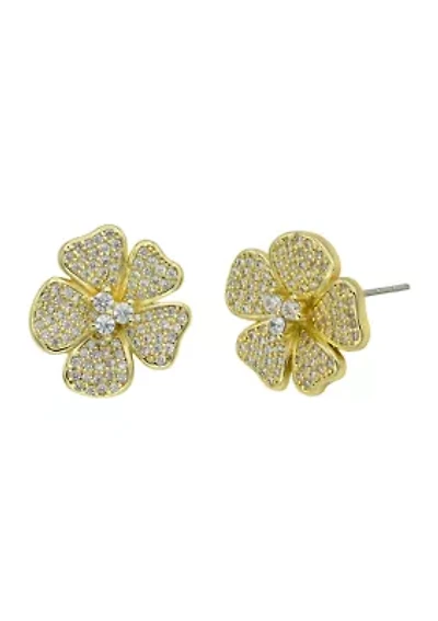 Lab Grown Gold Tone Pavé Cubic Zirconia Flower Earrings