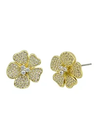 Lab Grown Gold Tone Pavé Cubic Zirconia Flower Earrings