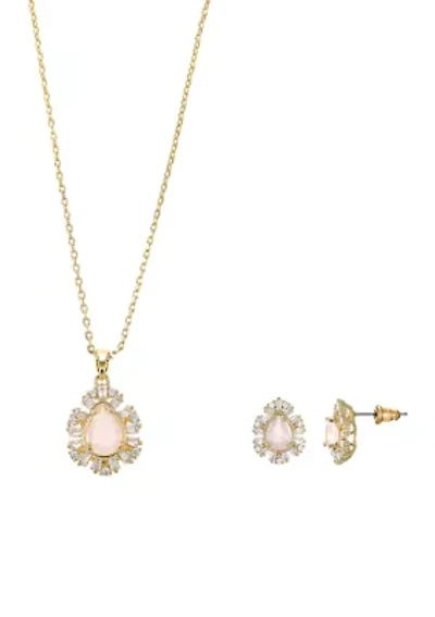 Lab Grown Gold Tone Rose Crystal Teardrop and Cubic Zirconia Halo Necklace and Earring Set