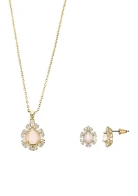 Lab Grown Gold Tone Rose Crystal Teardrop and Cubic Zirconia Halo Necklace and Earring Set