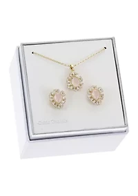 Lab Grown Gold Tone Rose Crystal Teardrop and Cubic Zirconia Halo Necklace and Earring Set