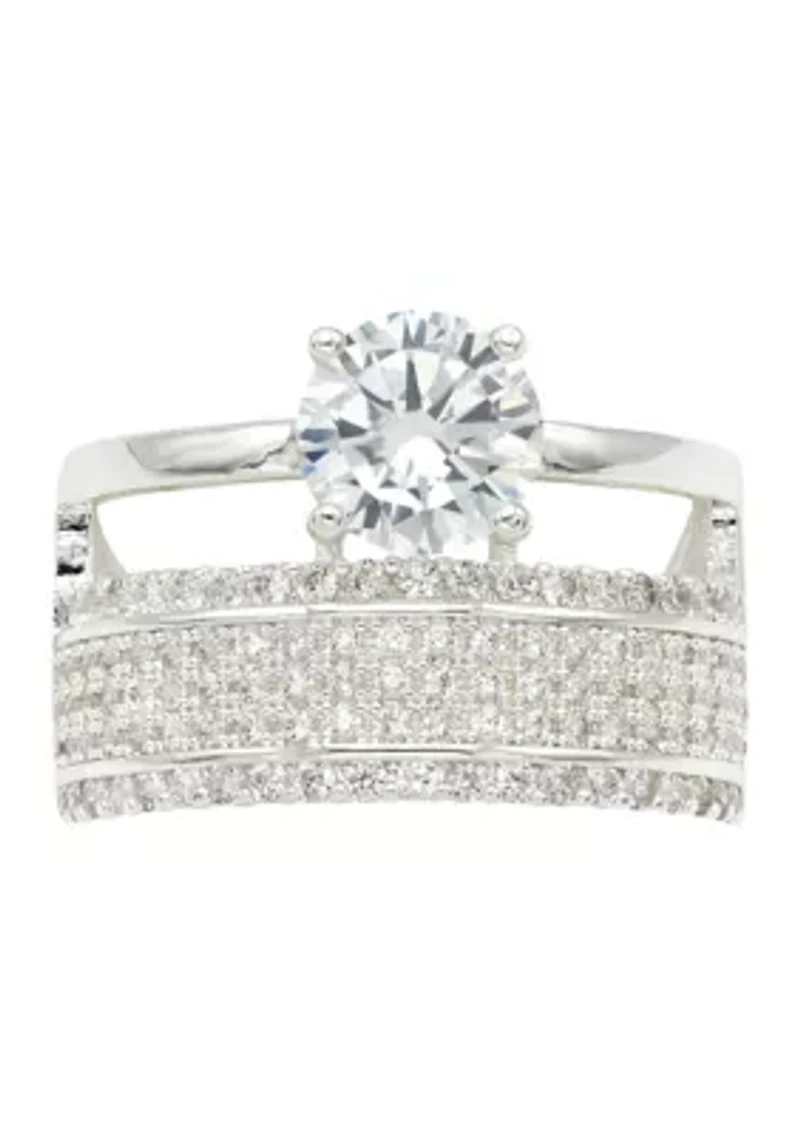 Lab Grown Silver Tone Round Cubic Zirconia Solitaire and Pavé Multi Row Band Ring