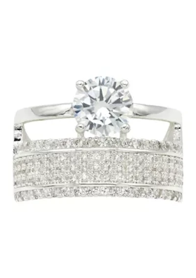 Lab Grown Silver Tone Round Cubic Zirconia Solitaire and Pavé Multi Row Band Ring