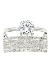 Lab Grown Silver Tone Round Cubic Zirconia Solitaire and Pavé Multi Row Band Ring