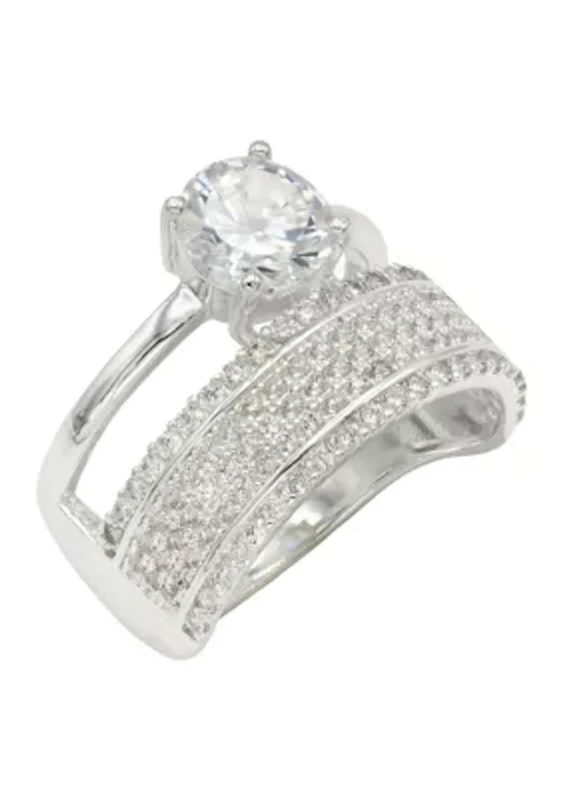 Lab Grown Silver Tone Round Cubic Zirconia Solitaire and Pavé Multi Row Band Ring