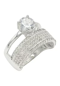 Lab Grown Silver Tone Round Cubic Zirconia Solitaire and Pavé Multi Row Band Ring