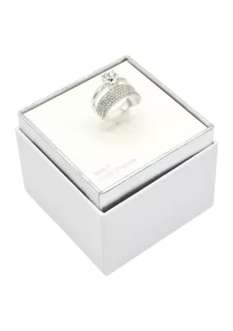 Lab Grown Silver Tone Round Cubic Zirconia Solitaire and Pavé Multi Row Band Ring