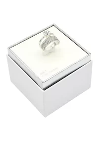 Lab Grown Silver Tone Round Cubic Zirconia Solitaire and Pavé Multi Row Band Ring