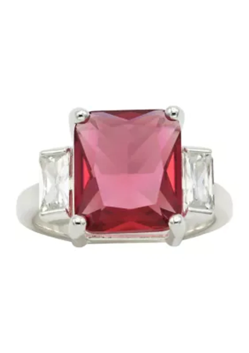 Lab Grown Silver Tone Emerald Fuchsia Crystal with Clear Cubic Zirconia Baguette Ring