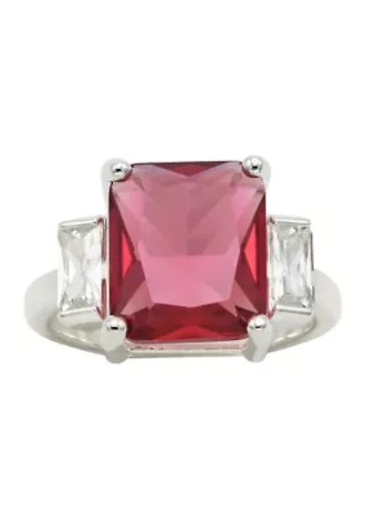 Lab Grown Silver Tone Emerald Fuchsia Crystal with Clear Cubic Zirconia Baguette Ring