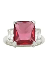 Lab Grown Silver Tone Emerald Fuchsia Crystal with Clear Cubic Zirconia Baguette Ring