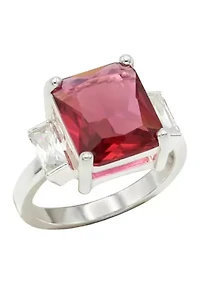 Lab Grown Silver Tone Emerald Fuchsia Crystal with Clear Cubic Zirconia Baguette Ring