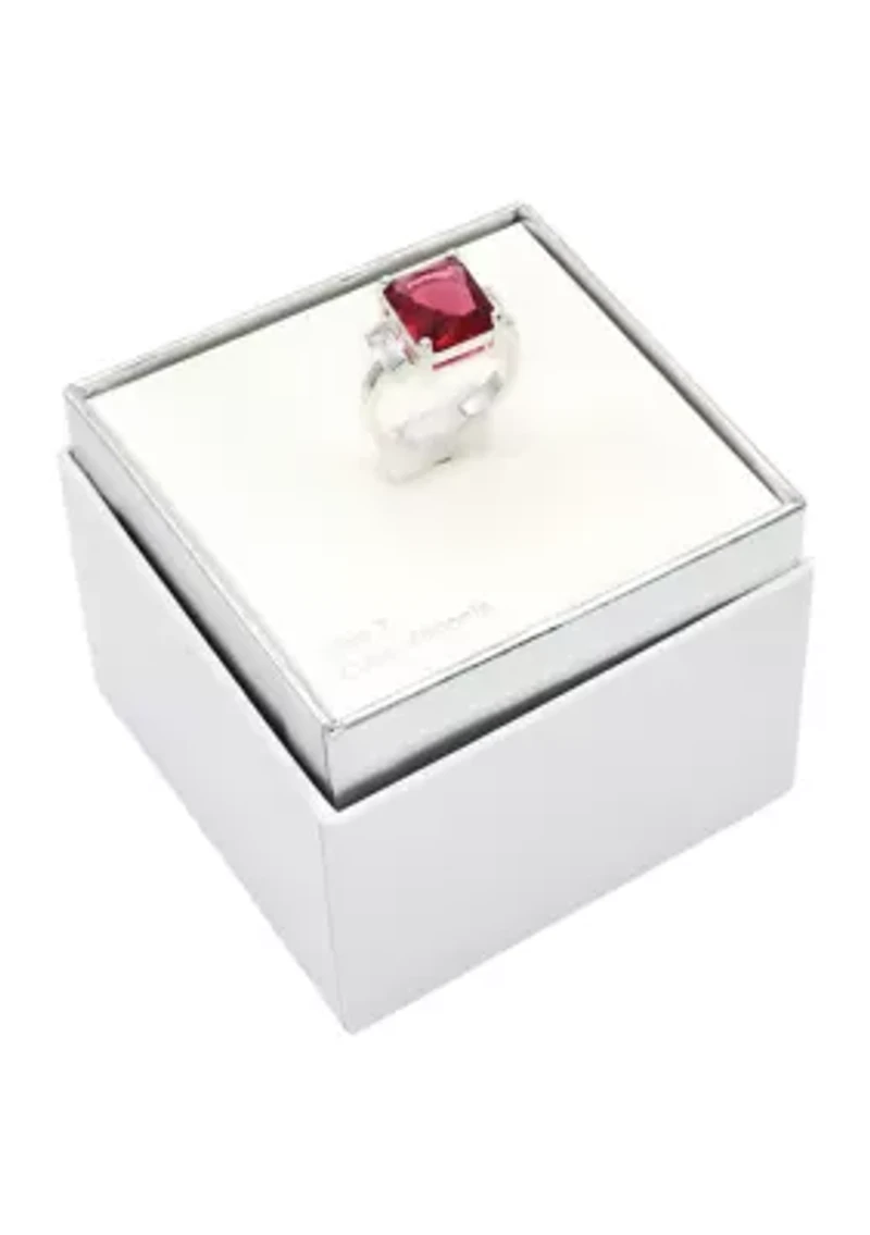 Lab Grown Silver Tone Emerald Fuchsia Crystal with Clear Cubic Zirconia Baguette Ring