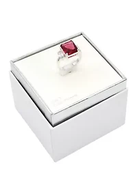 Lab Grown Silver Tone Emerald Fuchsia Crystal with Clear Cubic Zirconia Baguette Ring