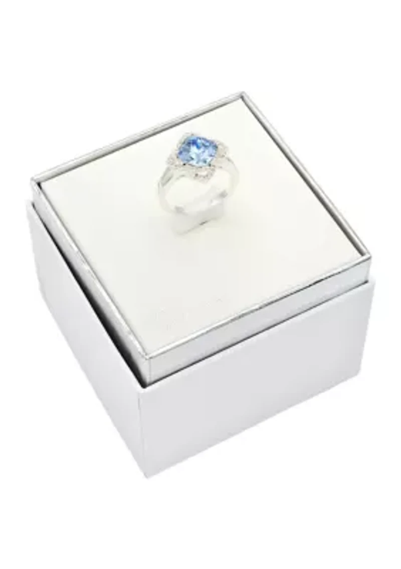Lab Grown Silver Tone Sapphire Crystal with Pavé Cubic Zirconia Scallop Halo Ring