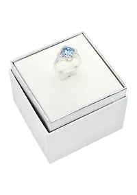 Lab Grown Silver Tone Sapphire Crystal with Pavé Cubic Zirconia Scallop Halo Ring