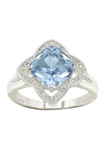 Lab Grown Silver Tone Sapphire Crystal with Pavé Cubic Zirconia Scallop Halo Ring