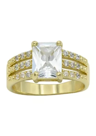 Lab Grown Gold Tone Emerald with Pavé Cubic Zirconia Triple Open Band Ring