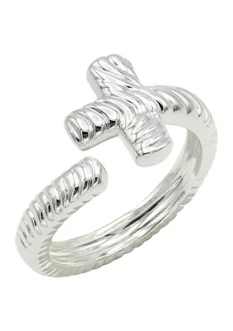 Silver Tone Textured Cross Wrap Ring