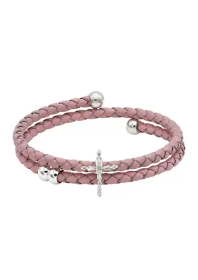 Lab Created Silver Tone Pink Leather Coil Cross Charm Bracelet