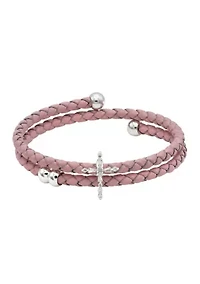 Lab Created Silver Tone Pink Leather Coil Cross Charm Bracelet