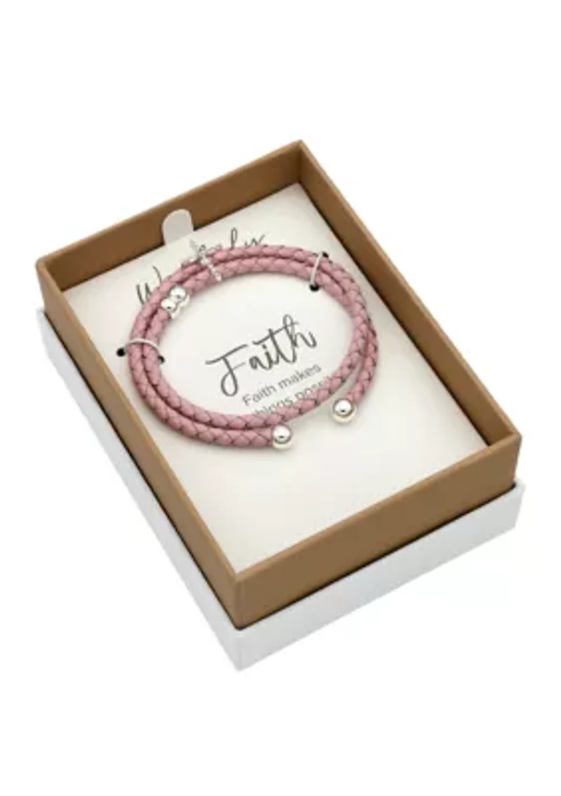 Lab Created Silver Tone Pink Leather Coil Cross Charm Bracelet