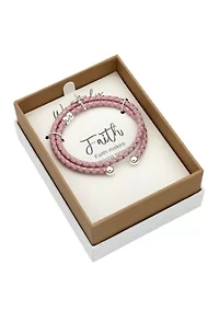 Lab Created Silver Tone Pink Leather Coil Cross Charm Bracelet