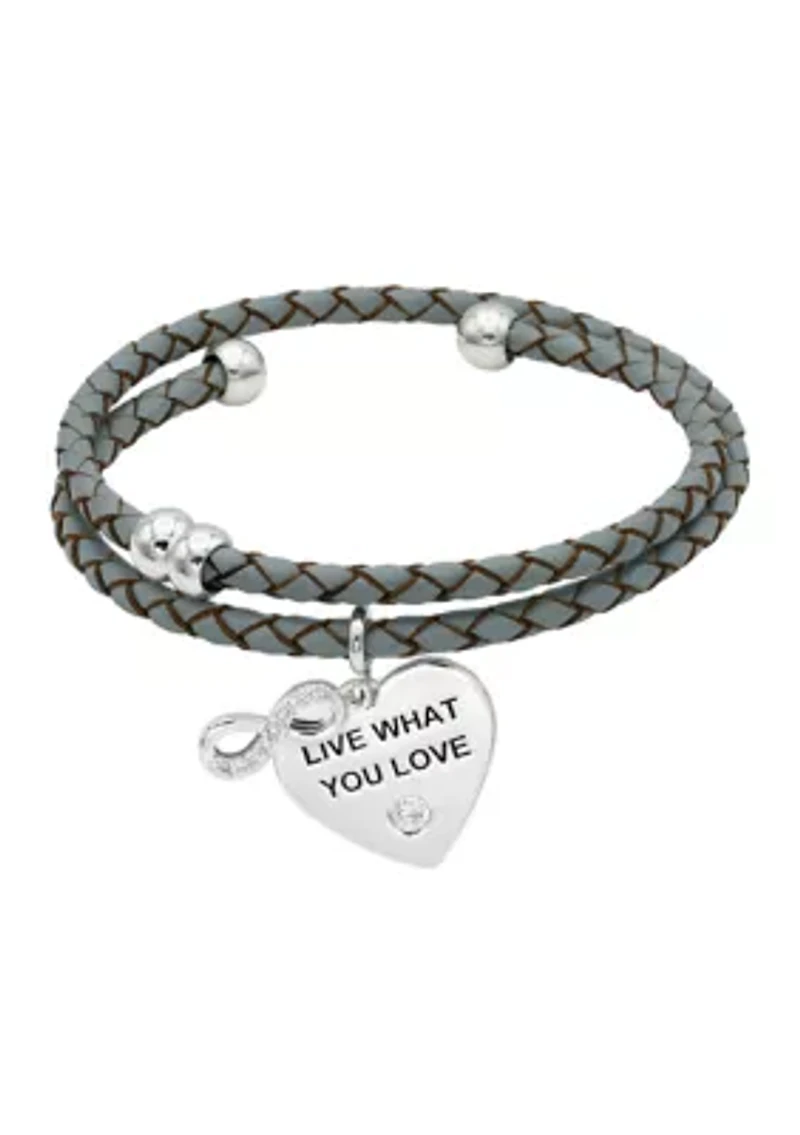 Silver Tone Leather Coil with Lab Grown Cubic Zirconia Music Note and Heart Charms Bracelet