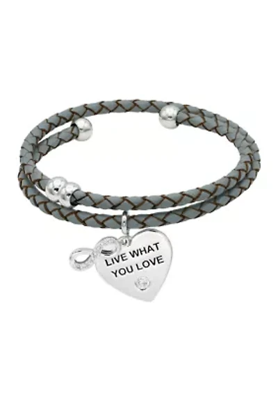 Silver Tone Leather Coil with Lab Grown Cubic Zirconia Music Note and Heart Charms Bracelet