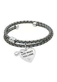 Silver Tone Leather Coil with Lab Grown Cubic Zirconia Music Note and Heart Charms Bracelet