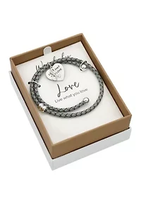 Silver Tone Leather Coil with Lab Grown Cubic Zirconia Music Note and Heart Charms Bracelet