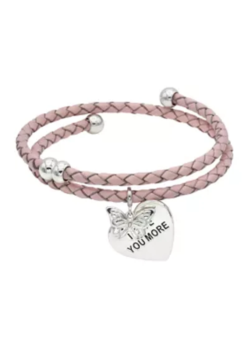 Silver Tone Pink Leather Coil with Lab Grown Cubic Zirconia Butterfly Charm Bracelet