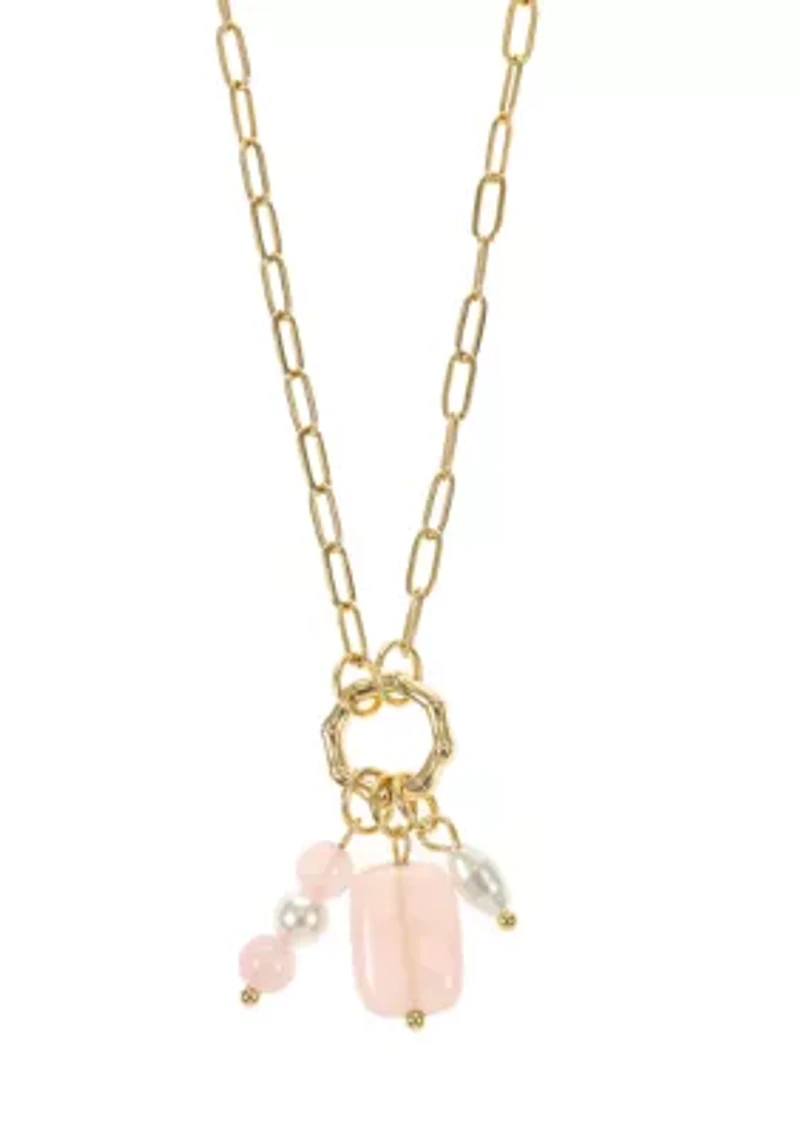 Lab Grown Gold Tone Paperclip Chain with Rose Quartz and Pearl Charms Necklace