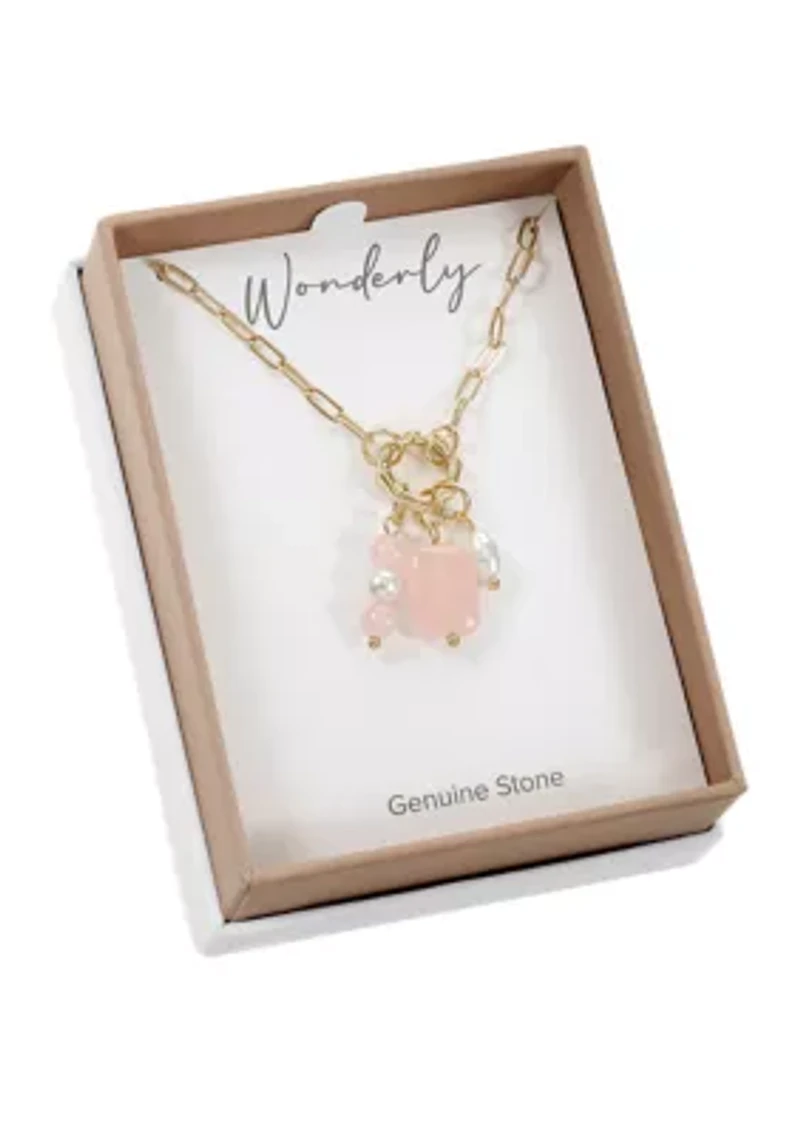 Lab Grown Gold Tone Paperclip Chain with Rose Quartz and Pearl Charms Necklace