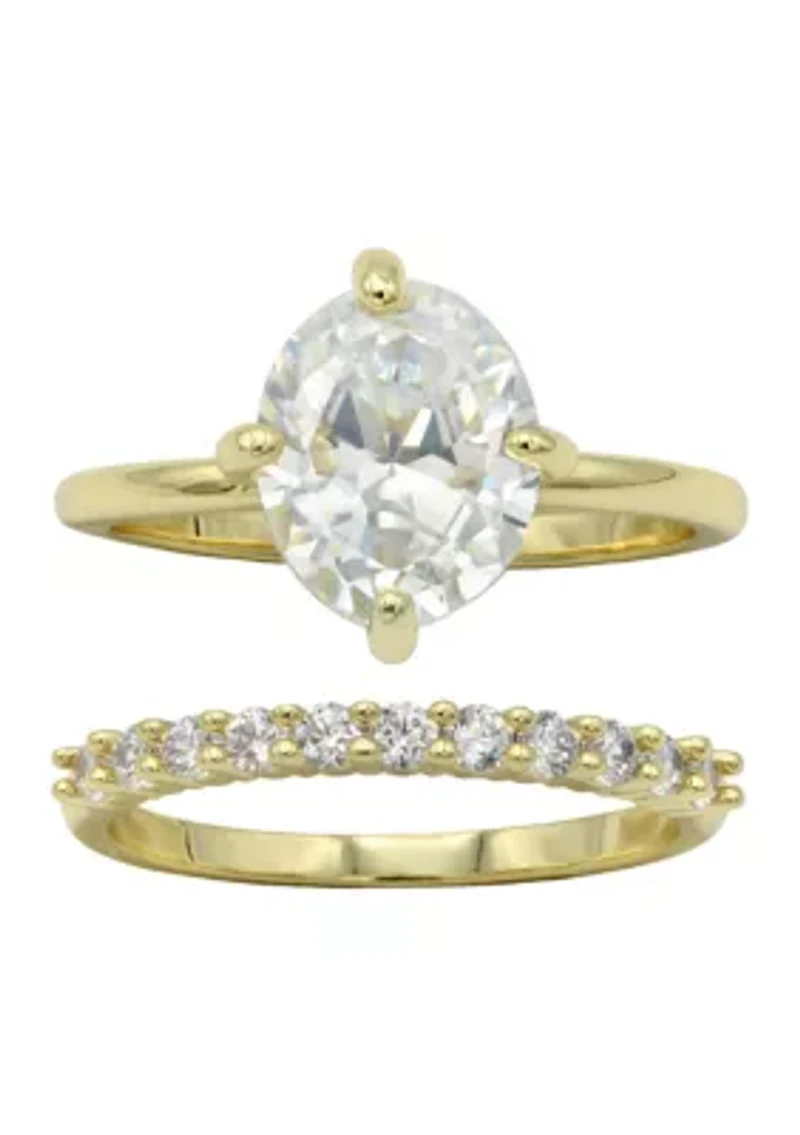 Gold Tone CZ Oval Engagement Ring Set