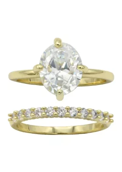 Gold Tone CZ Oval Engagement Ring Set