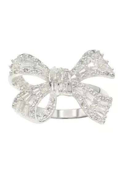 Lab Grown Silver Tone CZ Baguette Bow Ring