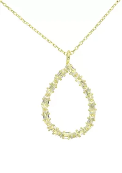 Lab Grown Gold Tone Open Teardrop Pendant with CZ Baguette stones Necklace